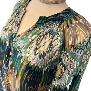 CLEO Peacock Inspired Blouse Top Size Medium 3/4 Sleeves Elastic Waist
